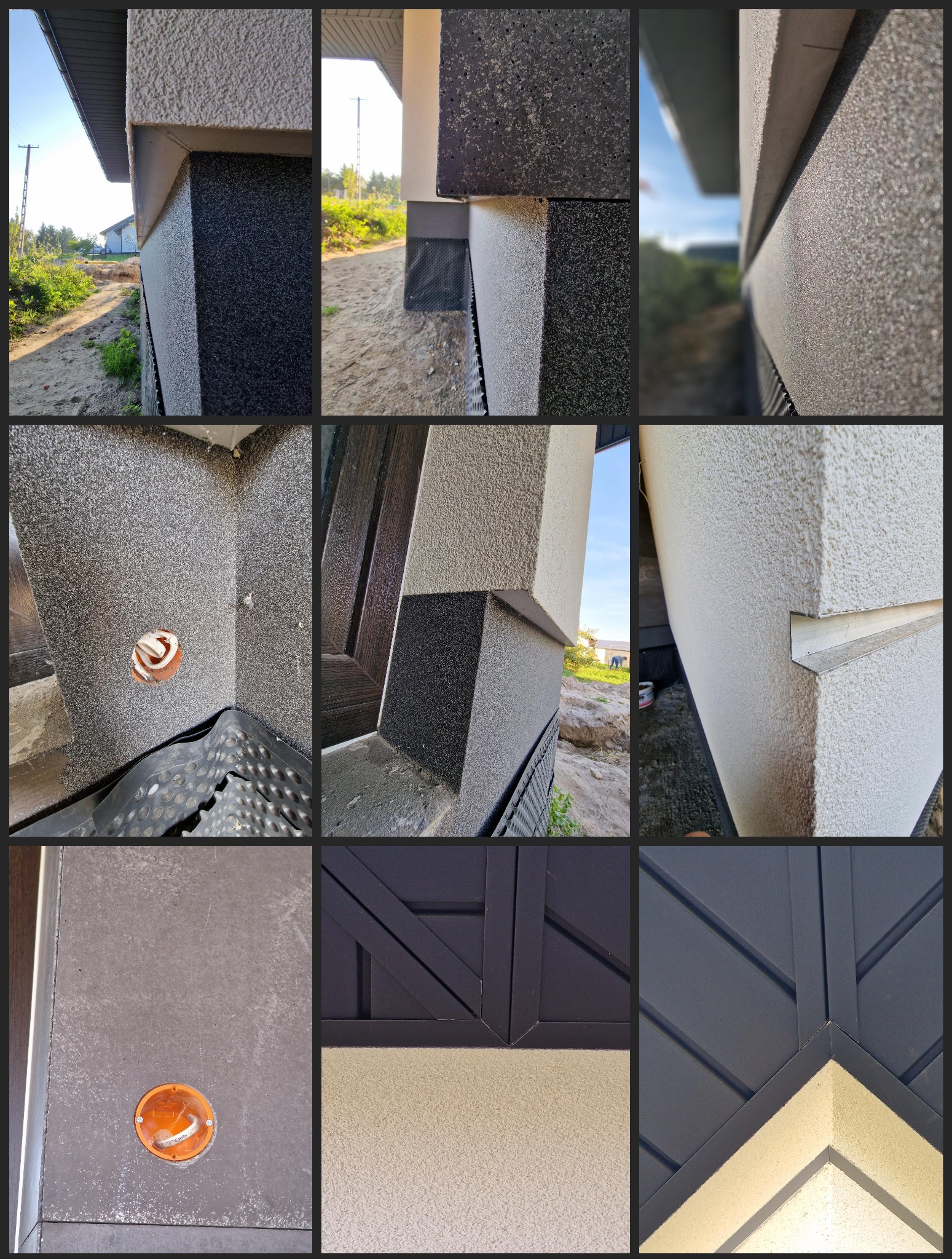 Detale elewacji domu: połączenie jasnego tynku strukturalnego z ciemnym, ziarnistym wykończeniem; widoczne elementy instalacji elektrycznej w puszce podtynkowej oraz fragment siatki elewacyjnej...