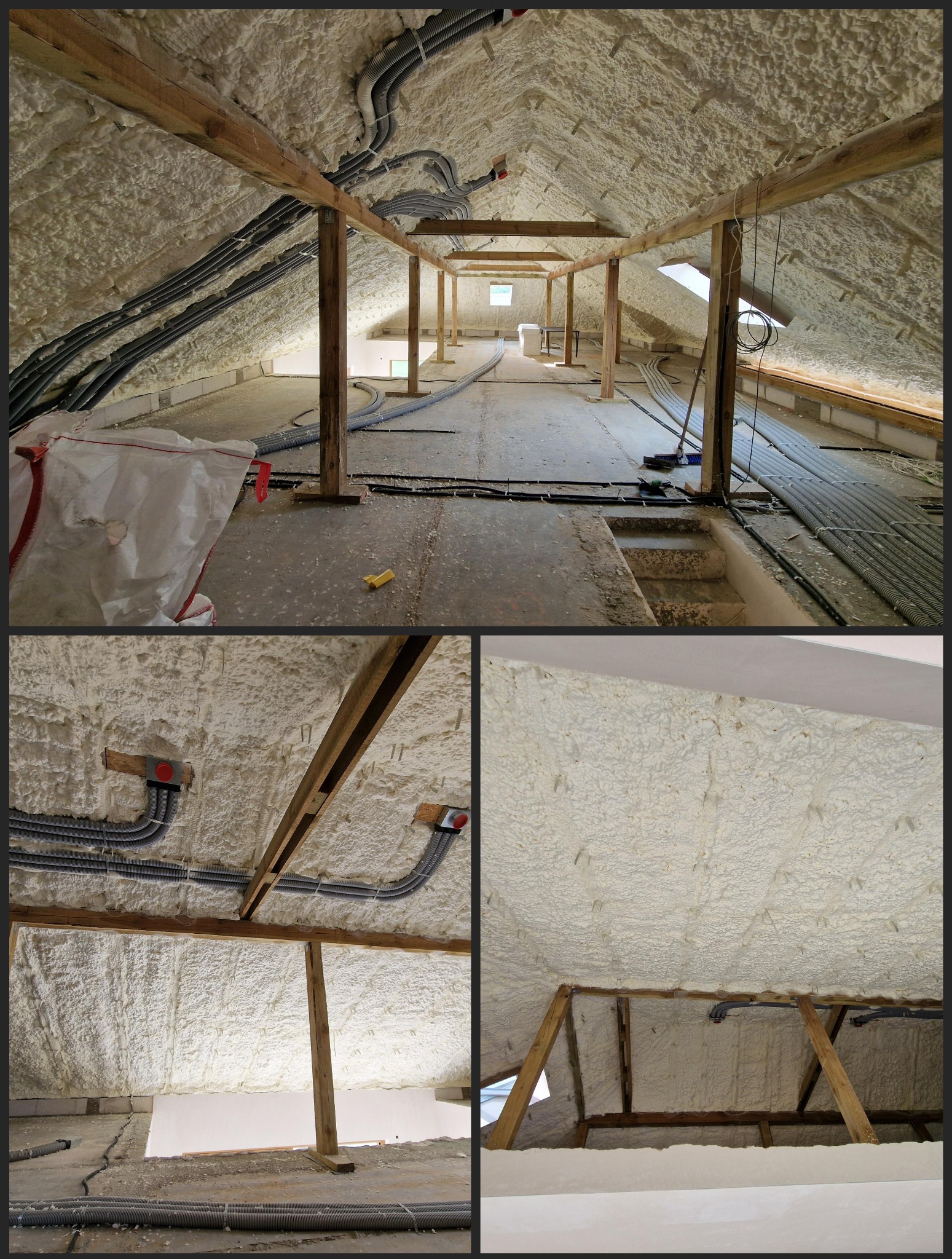 Poddasze po ociepleniu pianką PUR, widoczne drewniane elementy konstrukcyjne, szare rury instalacyjne oraz fragment podłogi z drobnymi śladami prac budowlanych.