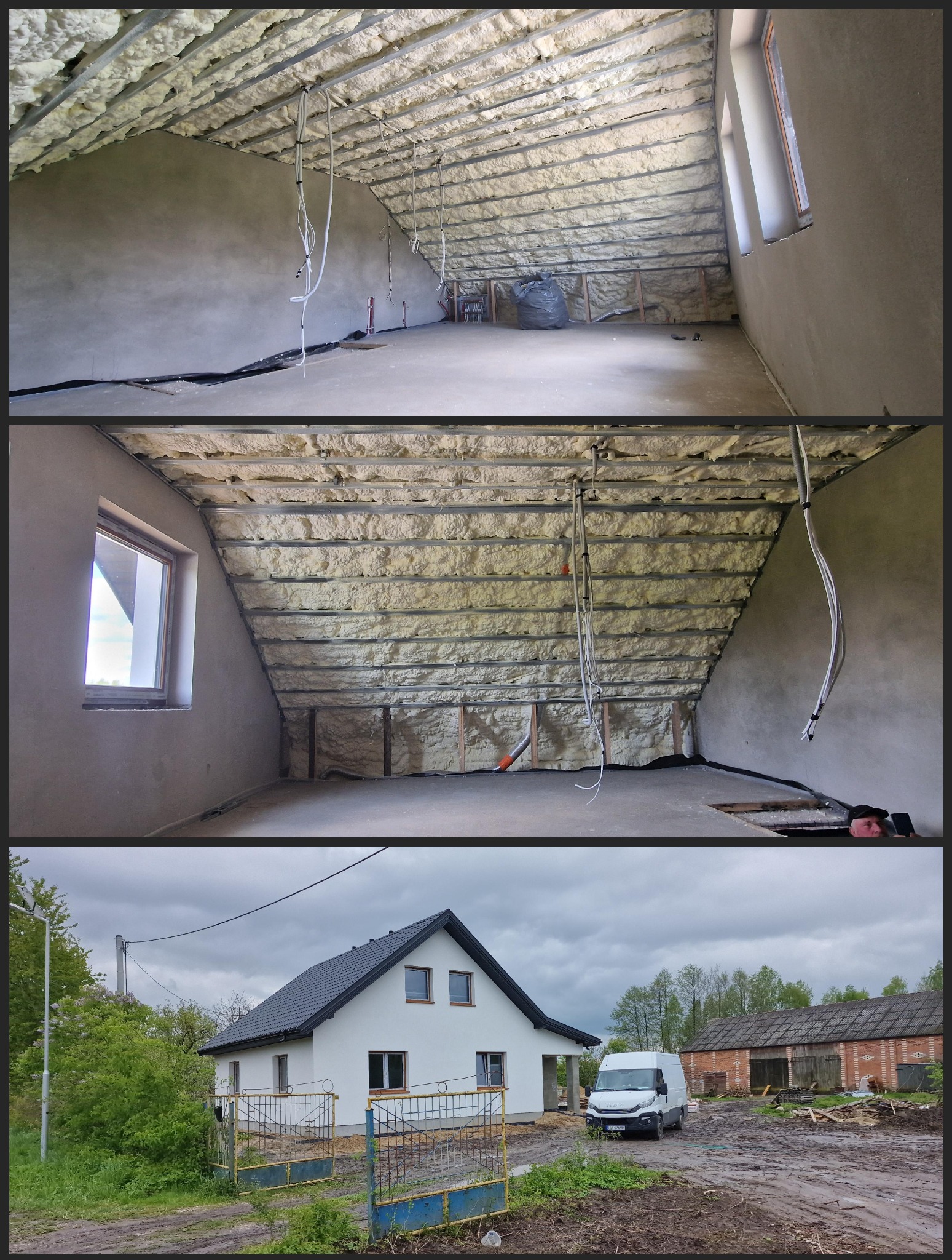 Poddasze domu w trakcie prac: widoczne ocieplenie pianką PUR między krokwiami, wystające kable instalacji elektrycznej, fragment dachu domu z elewacją i samochód dostawczy firmy na zewnątrz.