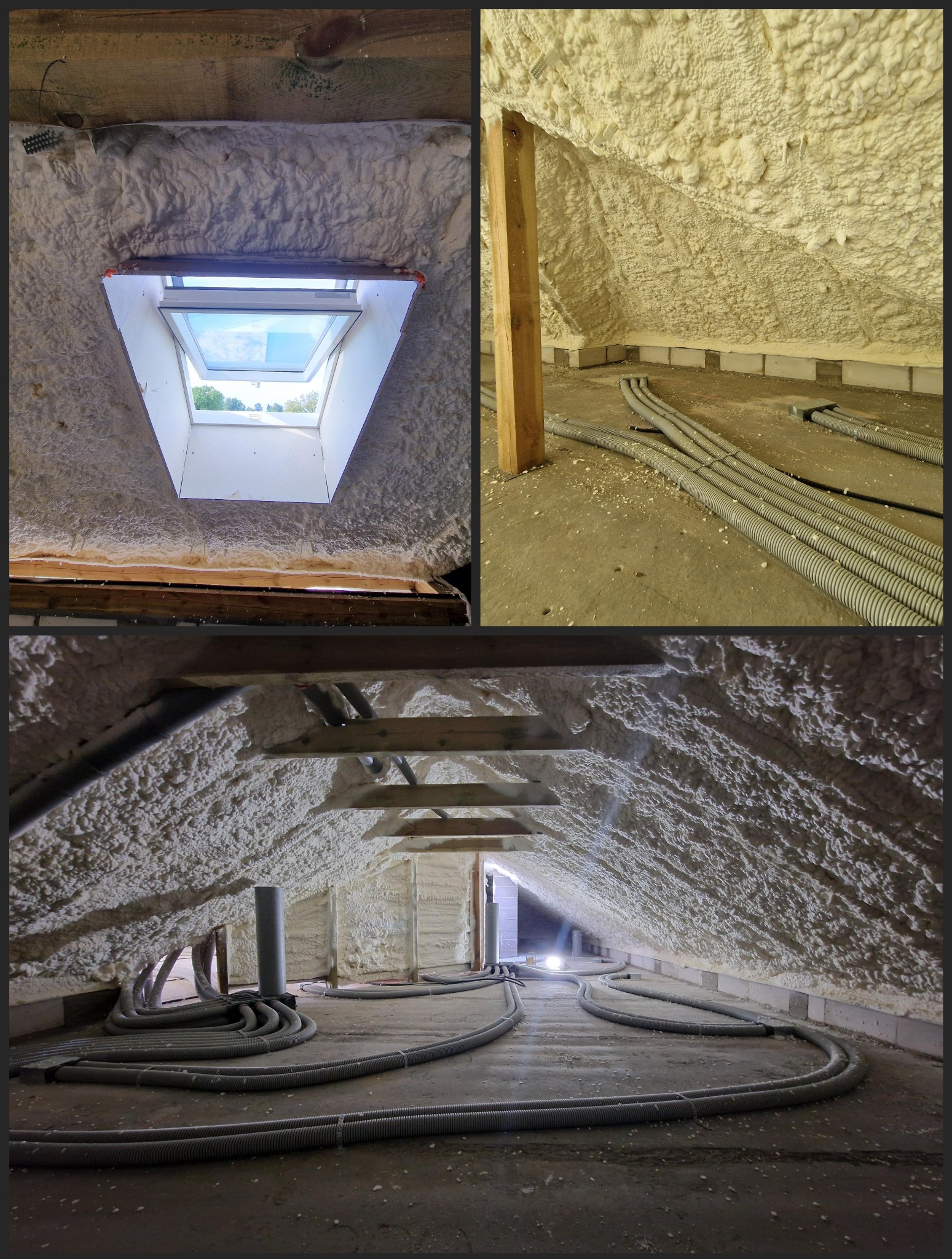 Poddasze ocieplone pianką PUR, widoczne fragmenty okna dachowego i instalacji elektrycznej w peszlach.