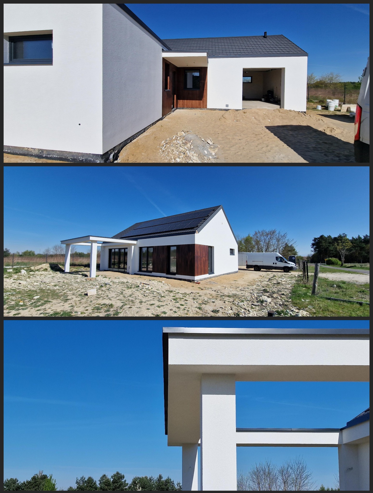 Nowoczesny dom jednorodzinny z białymi ścianami i drewnianymi elementami wykończeniowymi, częściowo z panelami słonecznymi na dachu, otoczony terenem w trakcie zagospodarowywania, widoczny biały...