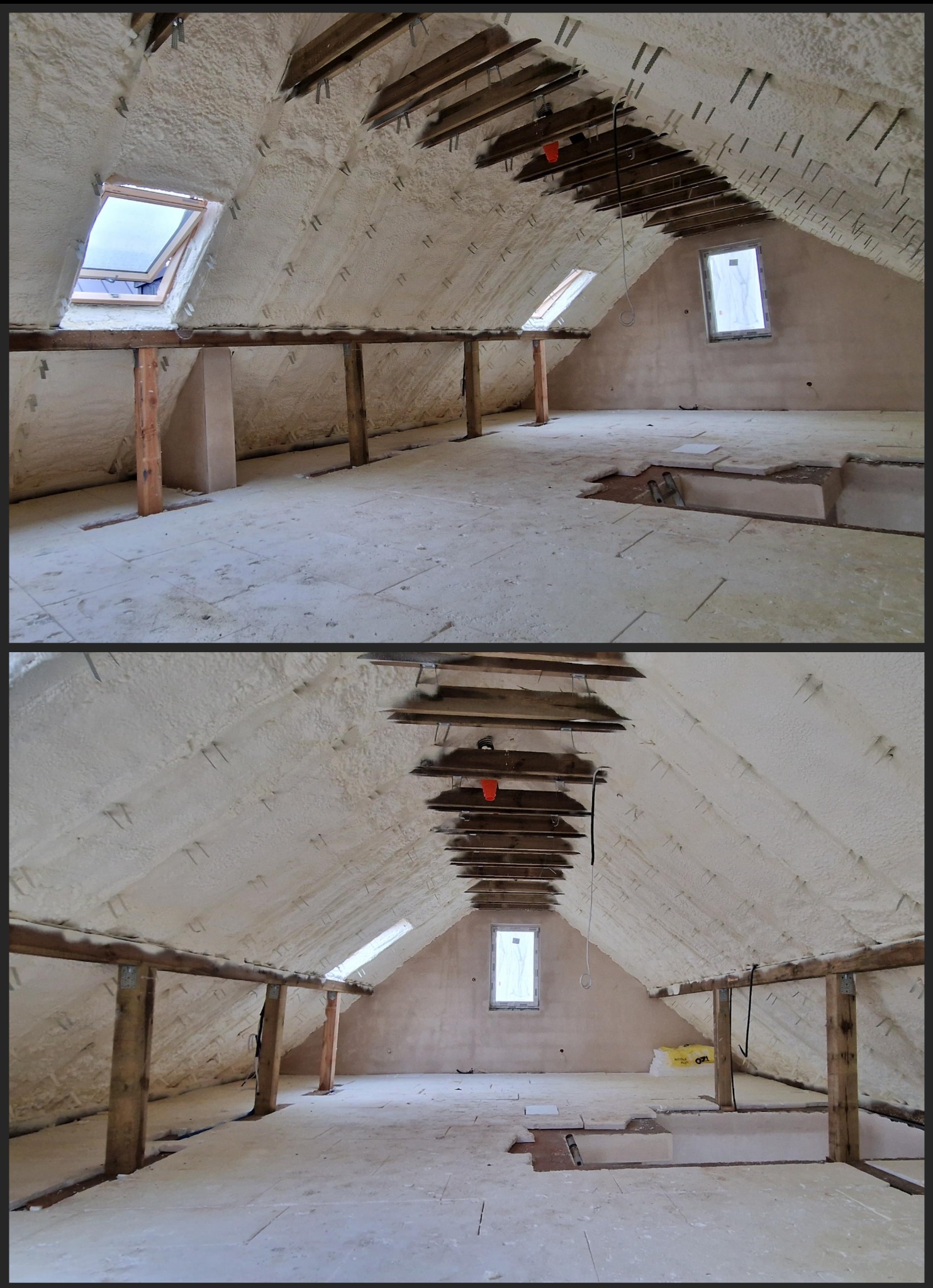 Poddasze po ociepleniu: pianka PUR pokrywa skośne ściany i sufit, widoczne drewniane belki konstrukcyjne, okno dachowe z otwartym skrzydłem oraz fragment podłogi z płyt OSB i otworem w niej.