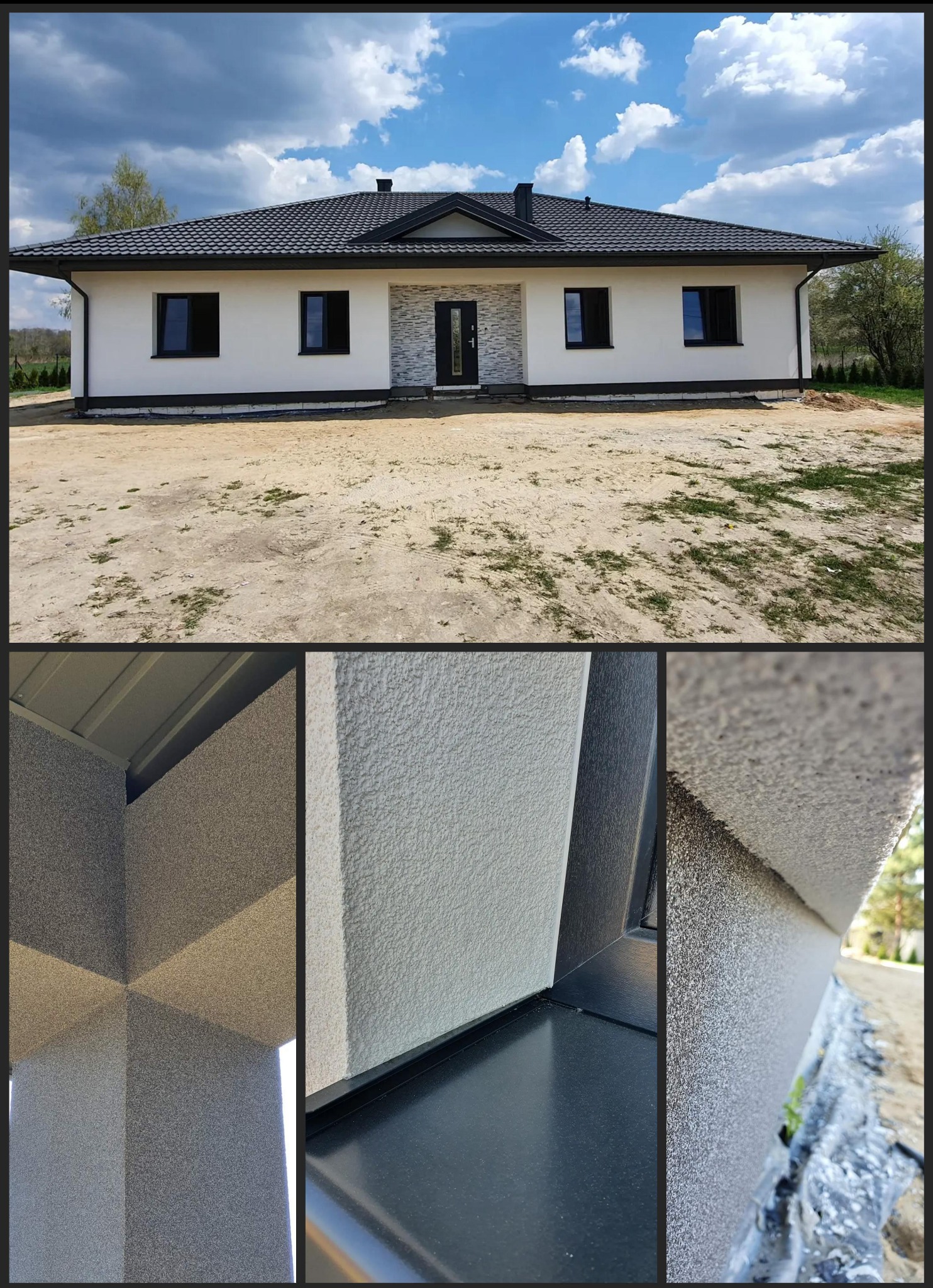 Nowoczesny dom jednorodzinny z jasną elewacją o fakturze baranka, czarną stolarką okienną i grafitową dachówką, detale wykończenia elewacji w zbliżeniu.