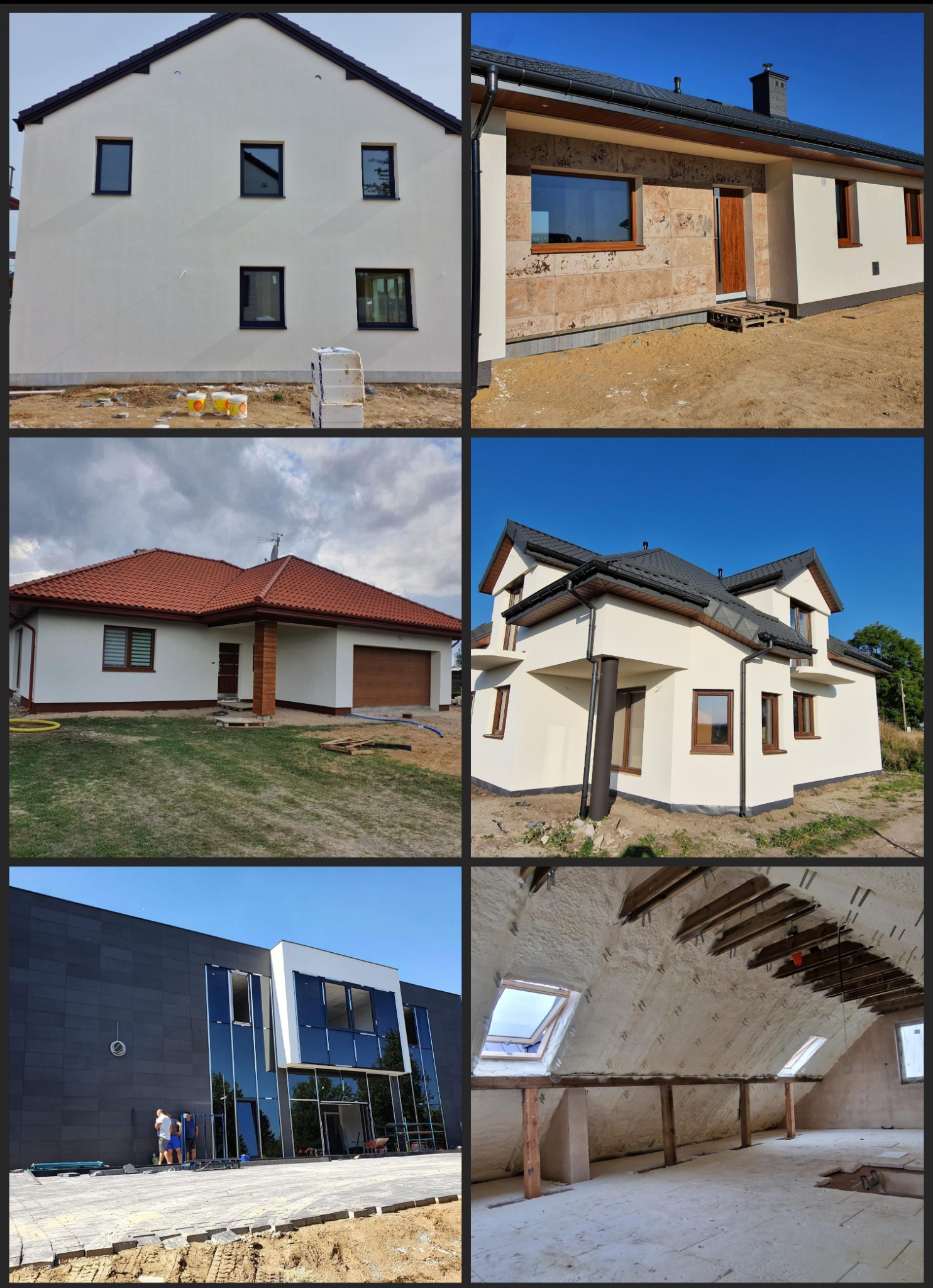 Kolaż sześciu zdjęć różnych budynków: dom z białą elewacją i ciemnymi oknami, budynek z elewacją z kamienia i białym tynkiem, dom z czerwoną dachówką i drewnianymi akcentami, dom z białą elewacją...