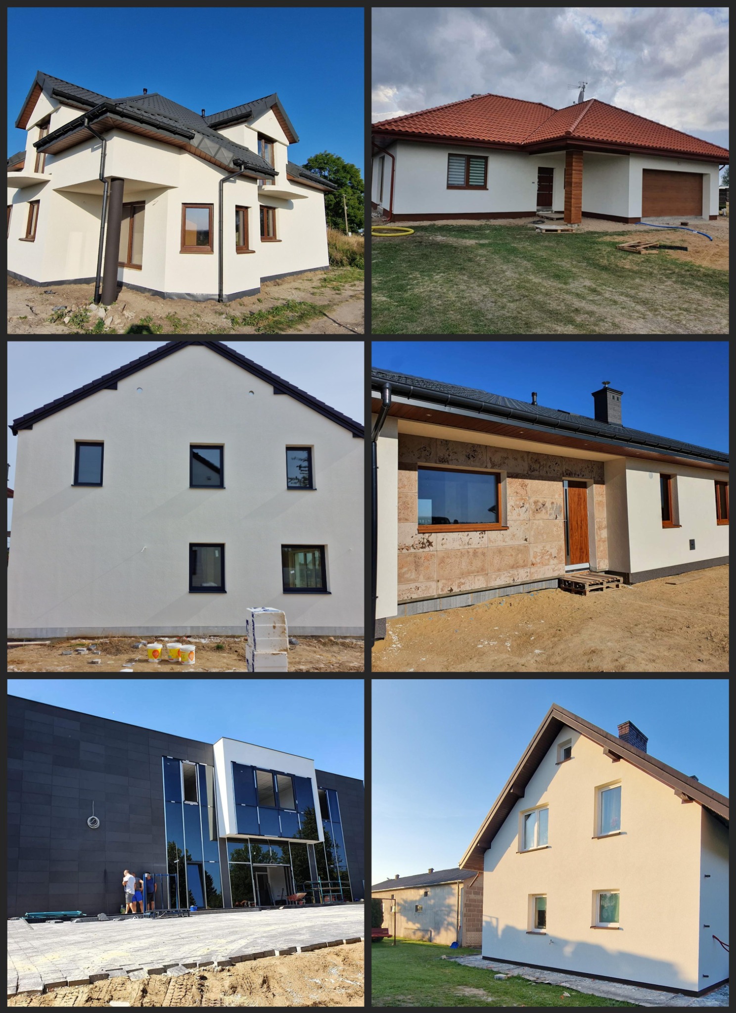 Kompilacja zdjęć prezentująca różnorodne domy po wykonaniu elewacji, ukazująca style od nowoczesnych z ciemną okładziną po tradycyjne z jasnym tynkiem.