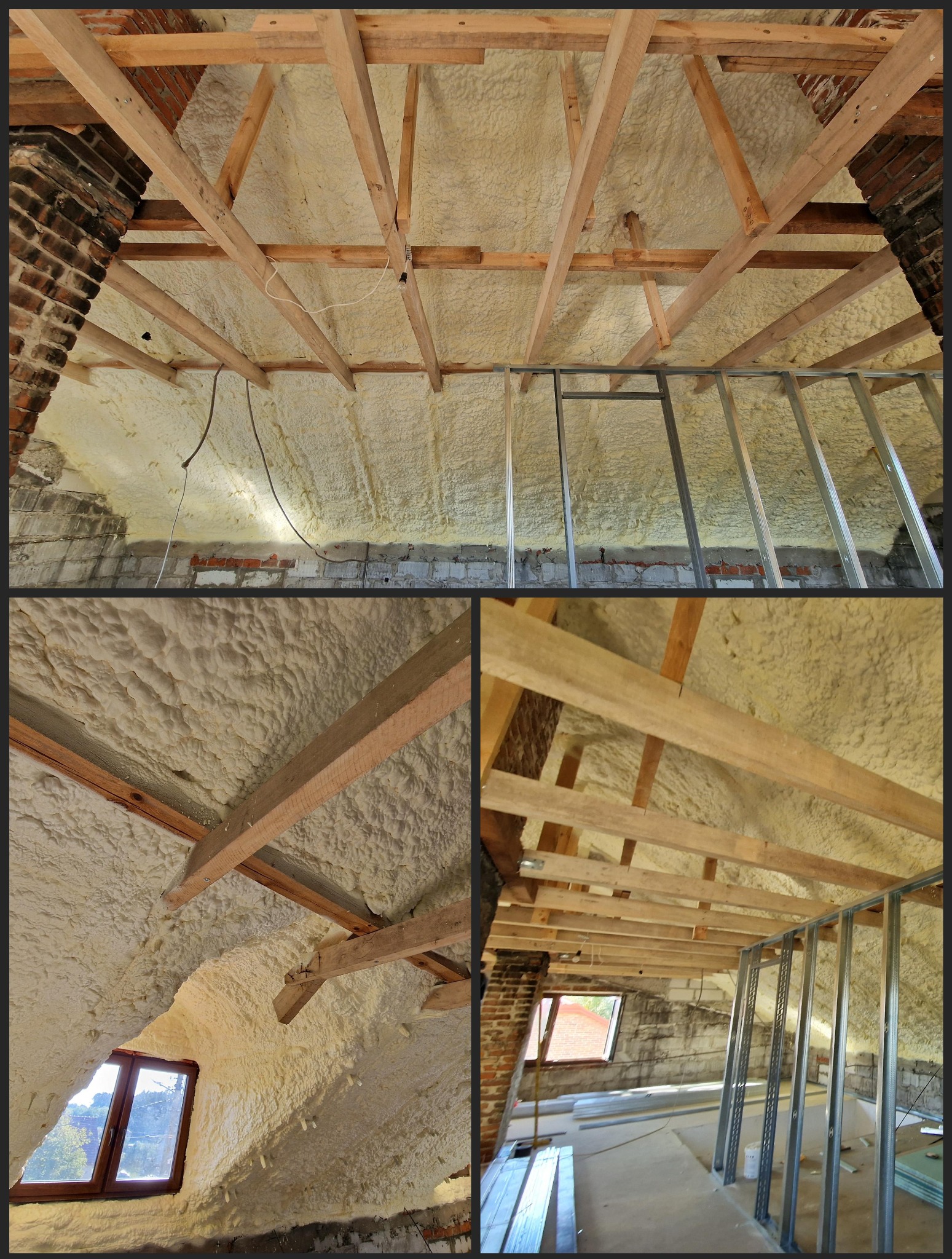 Poddasze z widoczną konstrukcją drewnianą i metalową, pokryte grubą warstwą jasnej pianki izolacyjnej, fragment muru z cegły, okno dachowe.