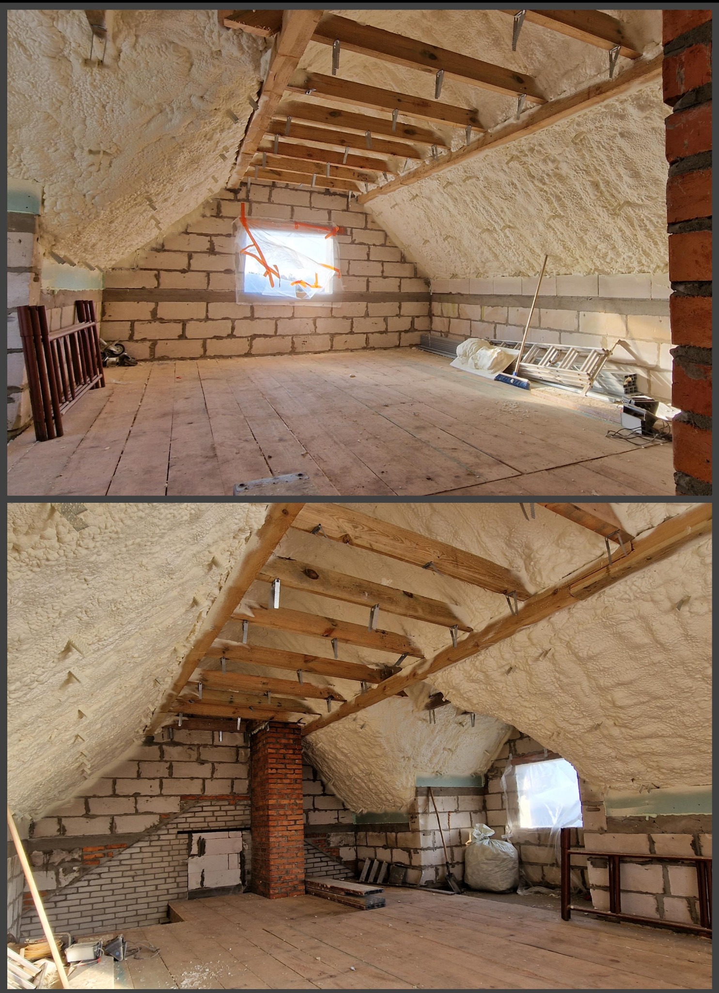 Poddasze w trakcie prac: ściany z bloczków, drewniana konstrukcja dachu z widocznymi metalowymi mocowaniami, izolacja pianką na skośnych powierzchniach, zabezpieczone okno folią, drewniana podłoga,...