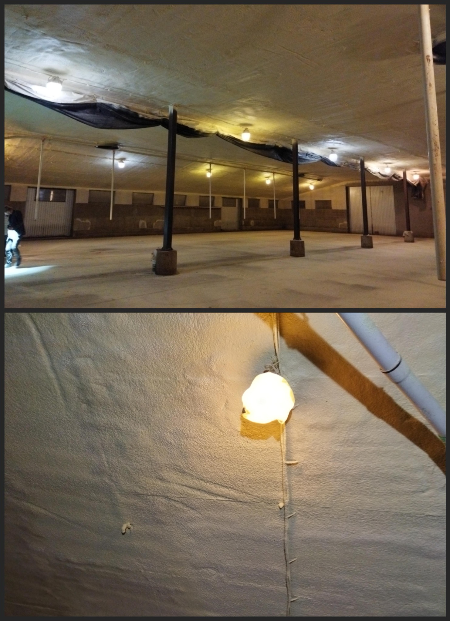 Wnętrze hali z ocieplonym stropem pianką PUR, widoczne lampy oświetlające nierówną powierzchnię izolacji, czarne płachty materiału pod sufitem i metalowe słupy podtrzymujące konstrukcję.