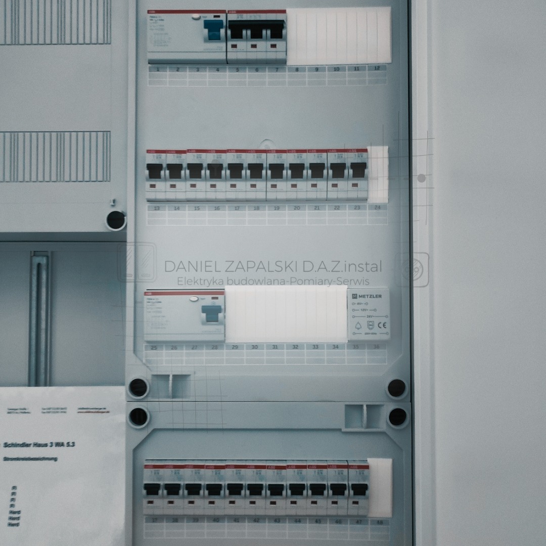 Rozdzielnica elektryczna z bezpiecznikami i wyłącznikami, widoczne oznaczenia numerów i logo firmy elektrycznej z nazwiskiem 'ZAPALSKI'.