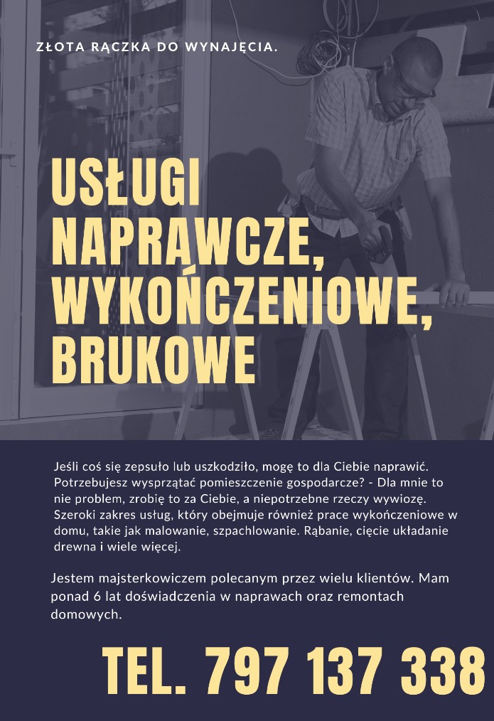 Mężczyzna w okularach ochronnych, koszuli w kratę i z pasem narzędzi, wiercący w drewnianym elemencie na tle tekstu reklamowego usług naprawczych i wykończeniowych.