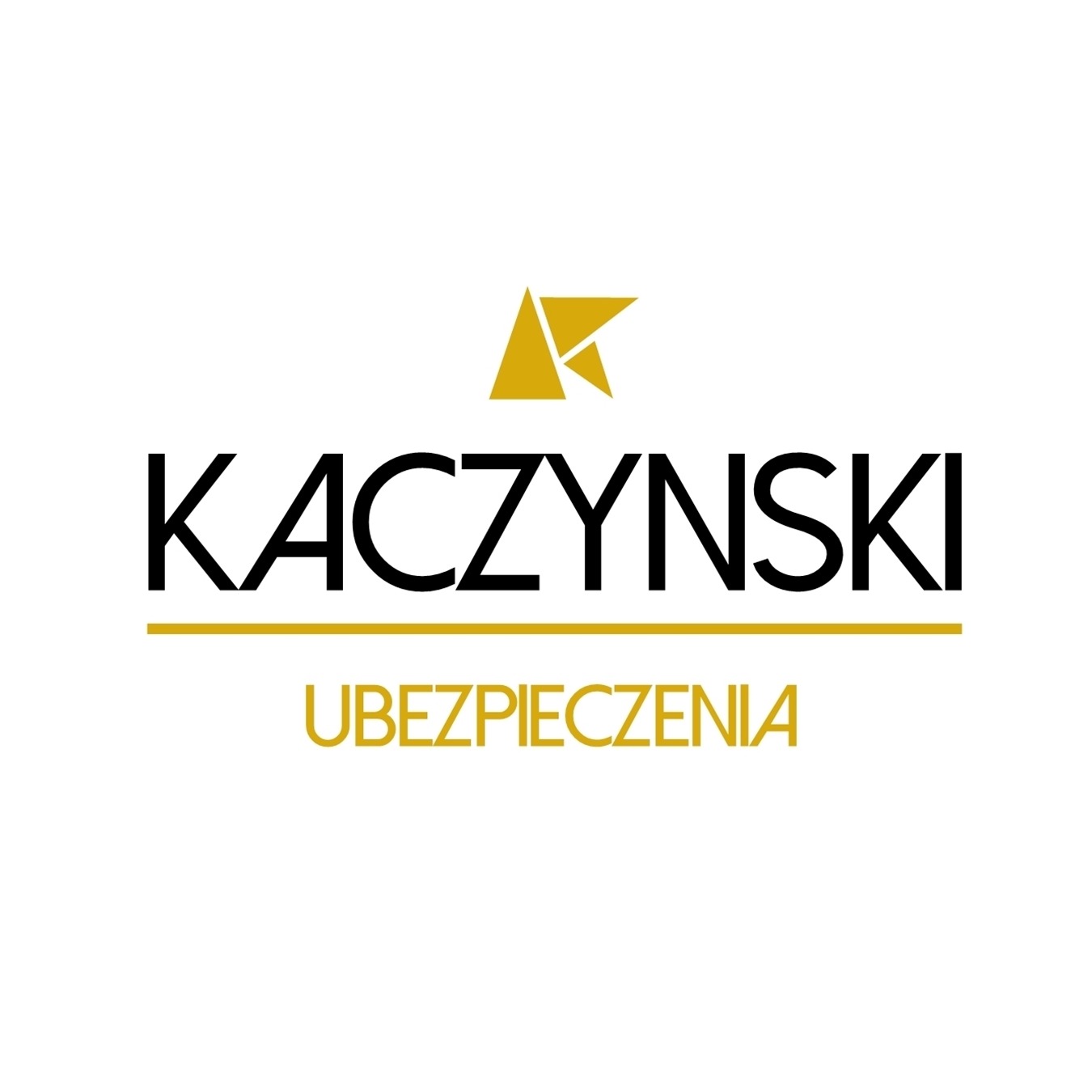 Logo firmy ubezpieczeniowej Kaczynski Ubezpieczenia z abstrakcyjnym złotym symbolem trójkątów nad nazwą.