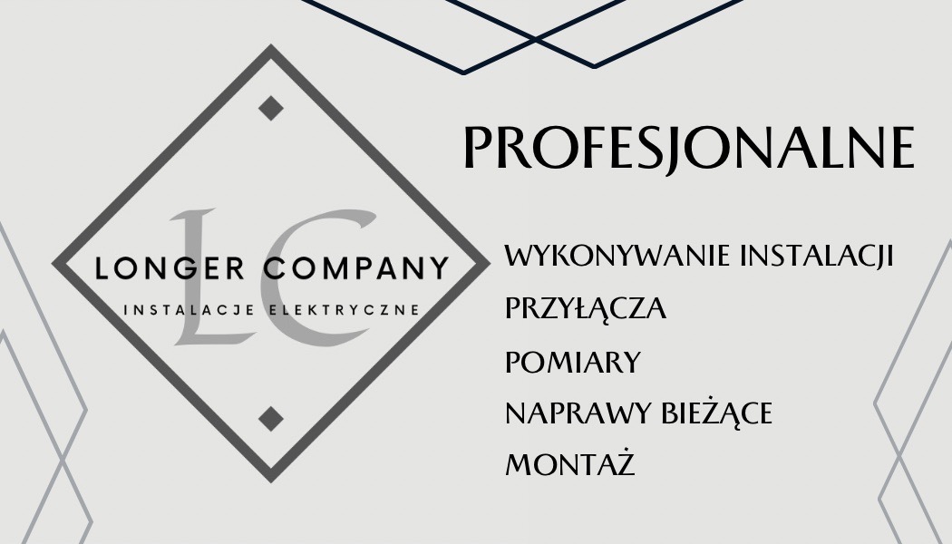 Logo firmy Longer Company oferującej profesjonalne wykonywanie instalacji elektrycznych, przyłącza, pomiary, naprawy bieżące i montaż, umieszczone w szarym rombie na jasnym tle.