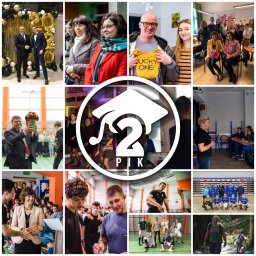 Szymon Stach - Kolaż zdjęć z wydarzeń szkolnych, w tym zdjęcia grupowe, portrety i sceny z uroczystości, z centralnym logo szkoły.