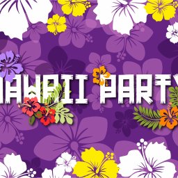 Szymon Stach - Grafika z napisem 'Hawaii Party' na tle fioletowych kwiatów hibiskusa, z dodatkowymi kolorowymi kwiatami i zielonymi liśćmi.