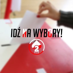 Szymon Stach - Ręka wrzuca kartę do głosowania do czerwonej urny wyborczej z napisem 'Idź na wybory!' i logo Państwowej Komisji Wyborczej.
