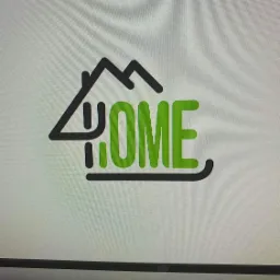 Minimalistyczne logo w kolorach szaro-zielonym, przedstawiające stylizowany dom z napisem 'HOME'.
