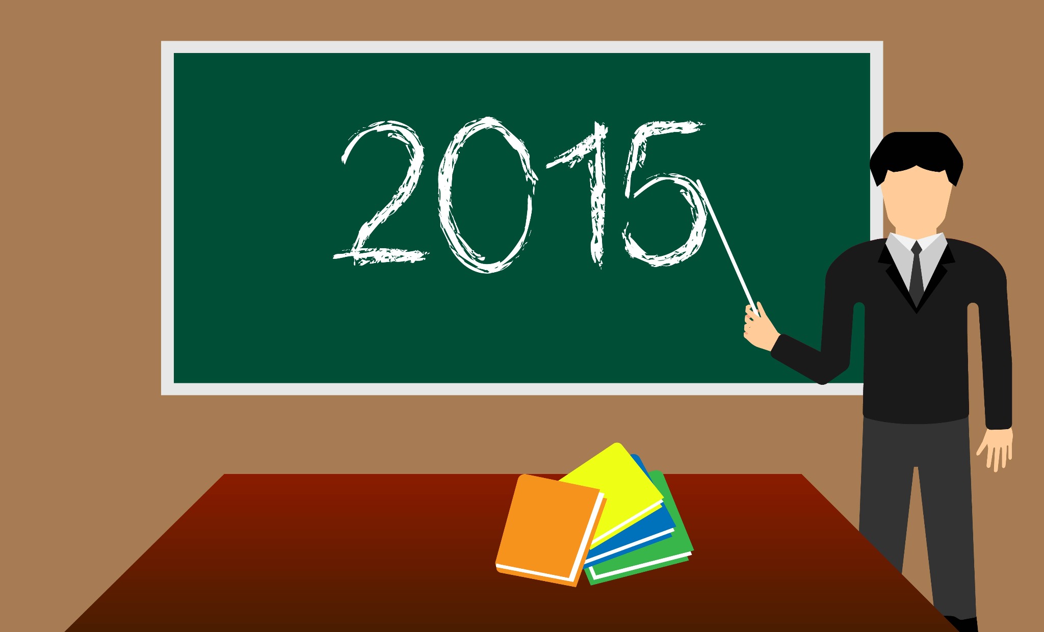 Stylizowana ilustracja: mężczyzna w garniturze wskazuje wskaźnikiem na zieloną tablicę z napisem '2015', na stole leżą kolorowe książki.