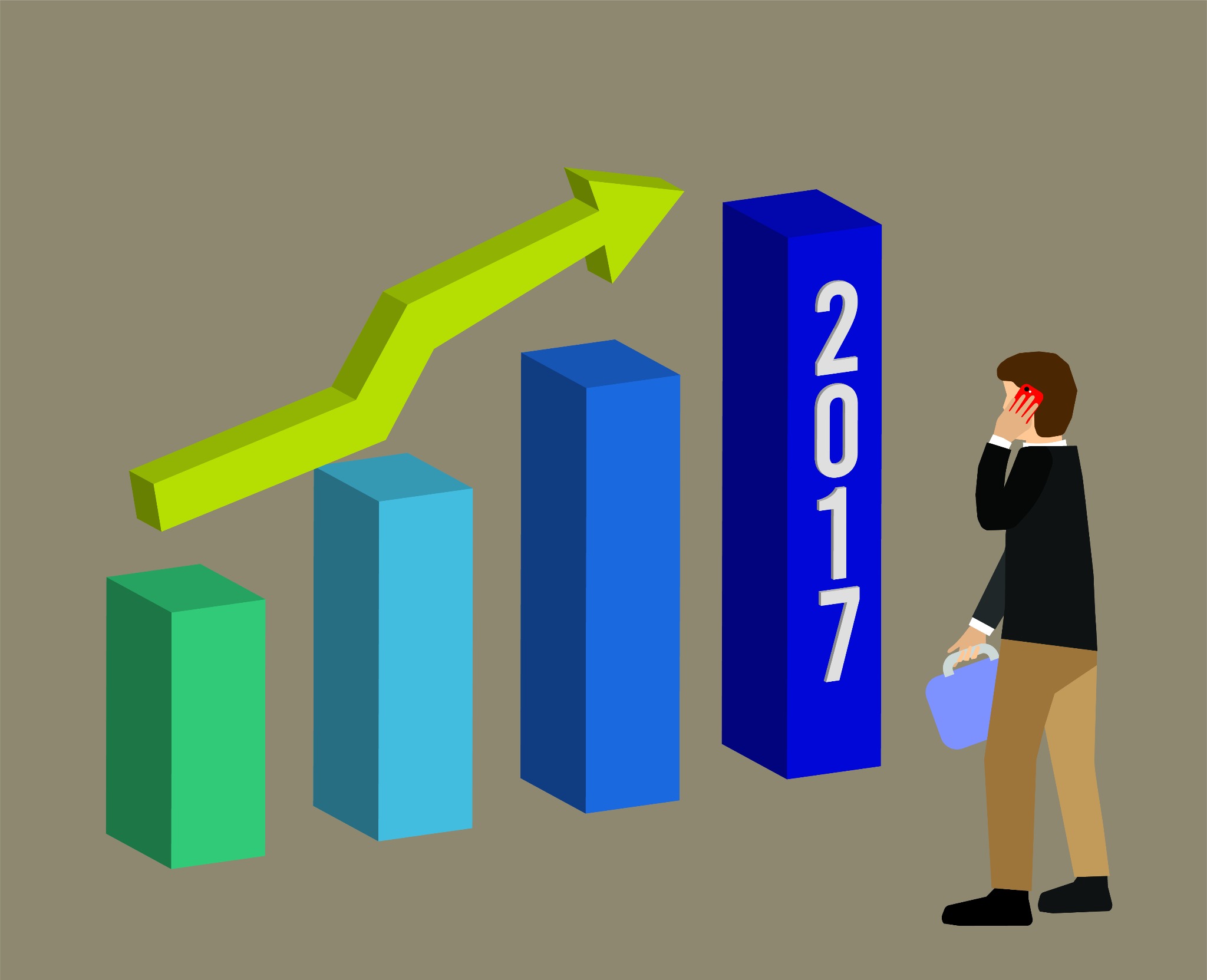 Ilustracja przedstawia rosnący wykres słupkowy z zieloną strzałką wskazującą wzrost, obok którego stoi postać rozmawiająca przez telefon, trzymająca teczkę.