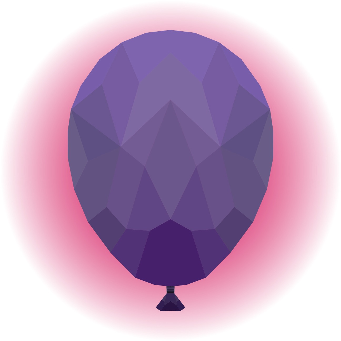 Fioletowy balon w stylu low poly z różową poświatą na białym tle.