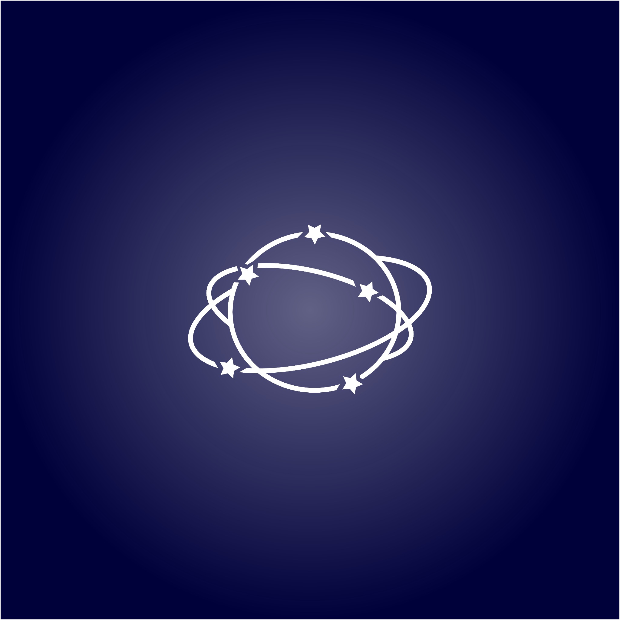 Biały symbol graficzny przedstawiający okrągłe orbity z pięcioramiennymi gwiazdami na przecięciach na ciemnoniebieskim tle.