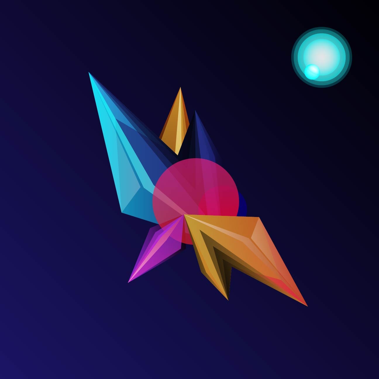 Abstrakcyjna kompozycja z przezroczystych, wielobarwnych brył geometrycznych (ostrosłupy i okrąg) na ciemnogranatowym tle, z efektem świetlnym w prawym górnym rogu.