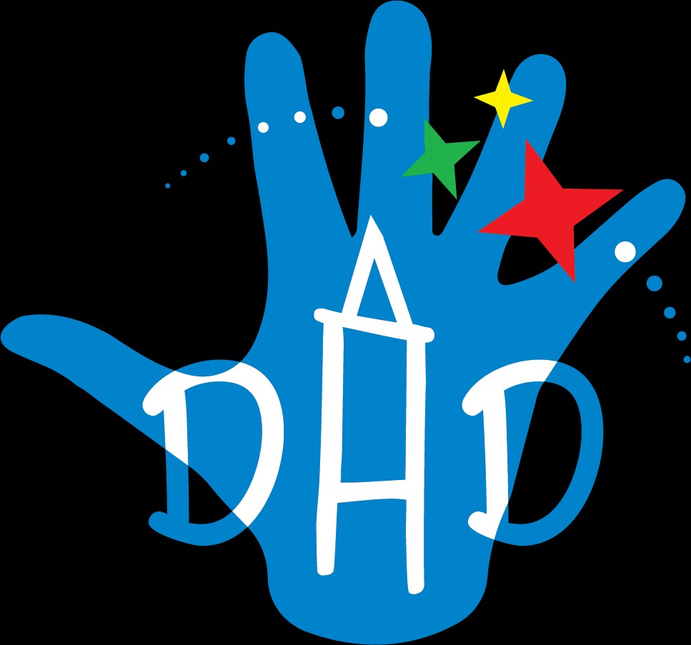 Grafika wektorowa przedstawiająca odcisk niebieskiej dłoni z napisem 'DAD' w kolorze białym, uzupełniona kolorowymi gwiazdkami i kropkami na czarnym tle.