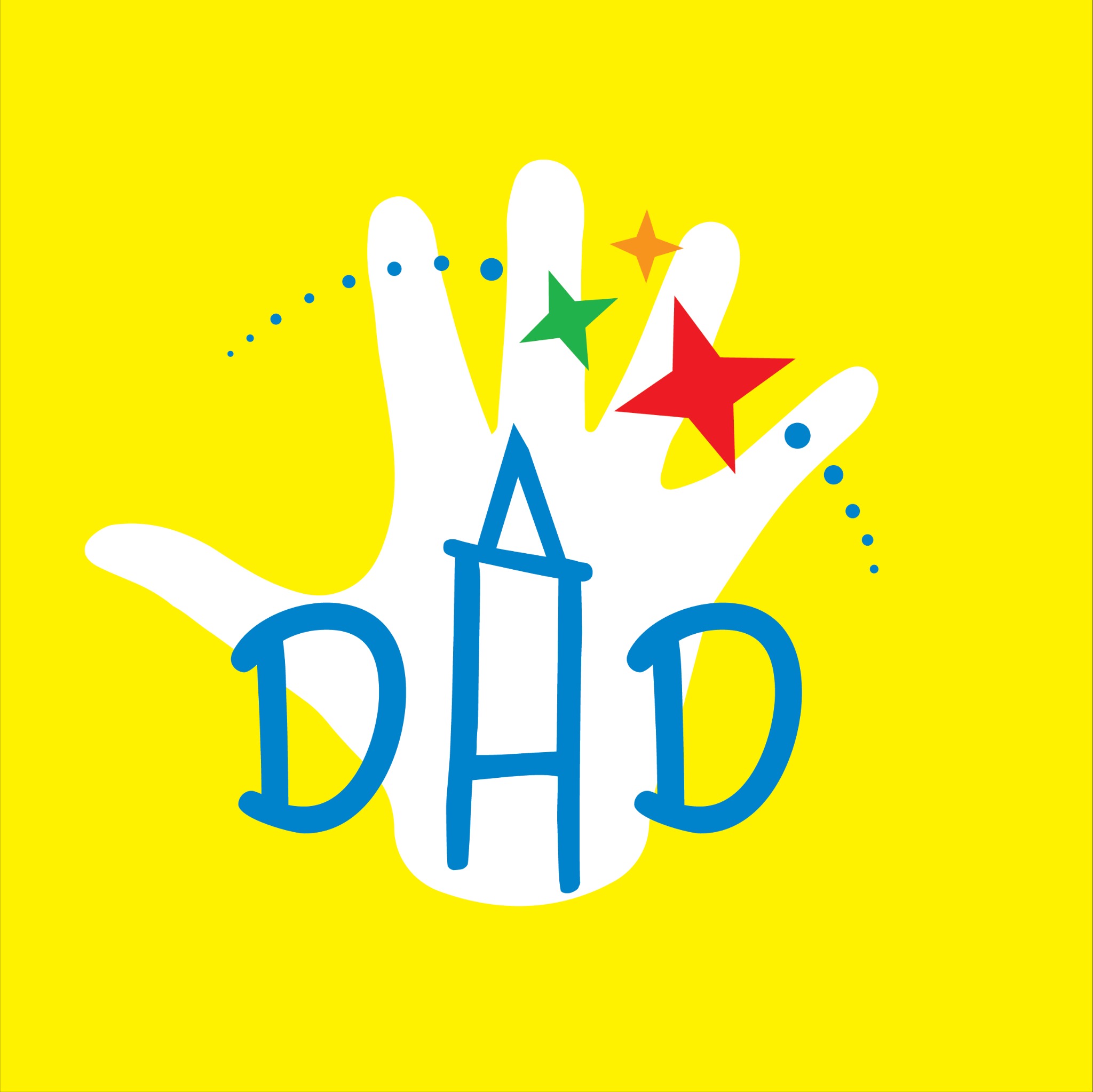 Graficzna reprezentacja dłoni z kolorowymi gwiazdami i napisem 'AHD' na jaskrawożółtym tle, stylizowana na dziecięcą ilustrację.