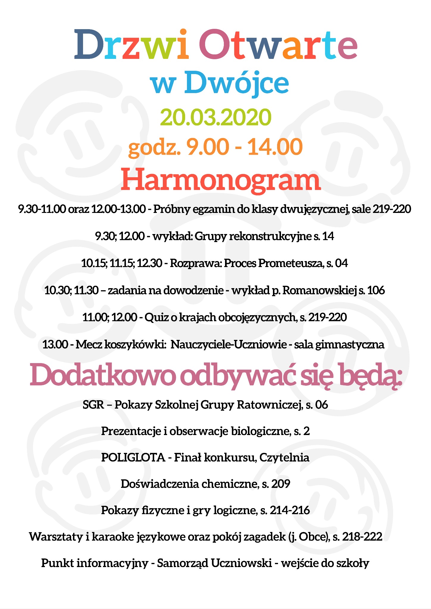 Plakat informujący o Dniu Otwartym w szkole, z harmonogramem wydarzeń takich jak próbny egzamin, wykłady, quizy, mecz koszykówki i pokazy.