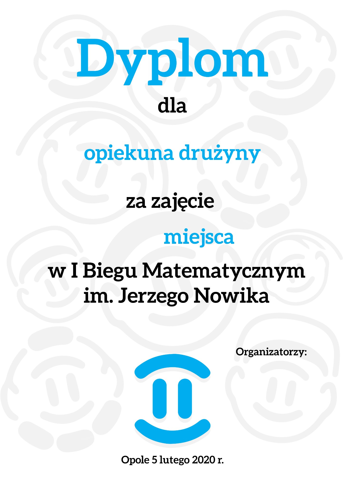 Dyplom dla opiekuna drużyny za zajęcie miejsca w I Biegu Matematycznym im. Jerzego Nowika, Opole 5 lutego 2020 r.