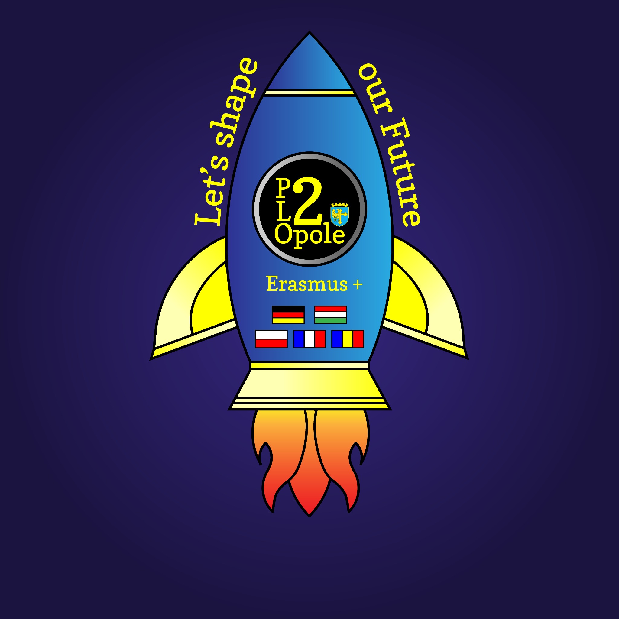 Grafika wektorowa przedstawiająca stylizowaną rakietę w kolorach niebieskim i żółtym na ciemnoniebieskim tle, z napisem 'Let's shape our Future' i logo projektu Erasmus+ z flagami różnych krajów.