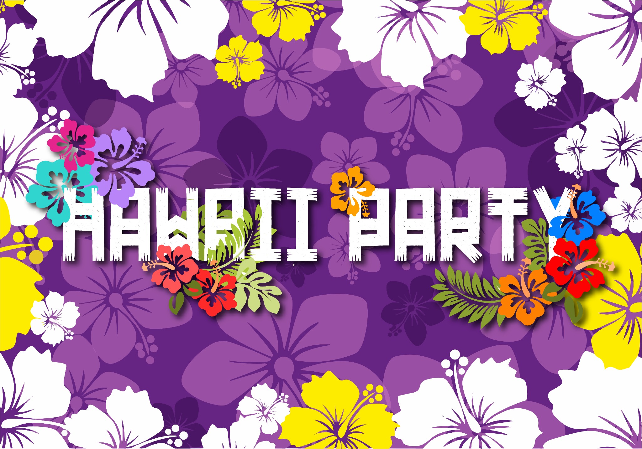 Grafika z napisem 'Hawaii Party' na tle fioletowych kwiatów hibiskusa, z dodatkowymi kolorowymi kwiatami i zielonymi liśćmi.