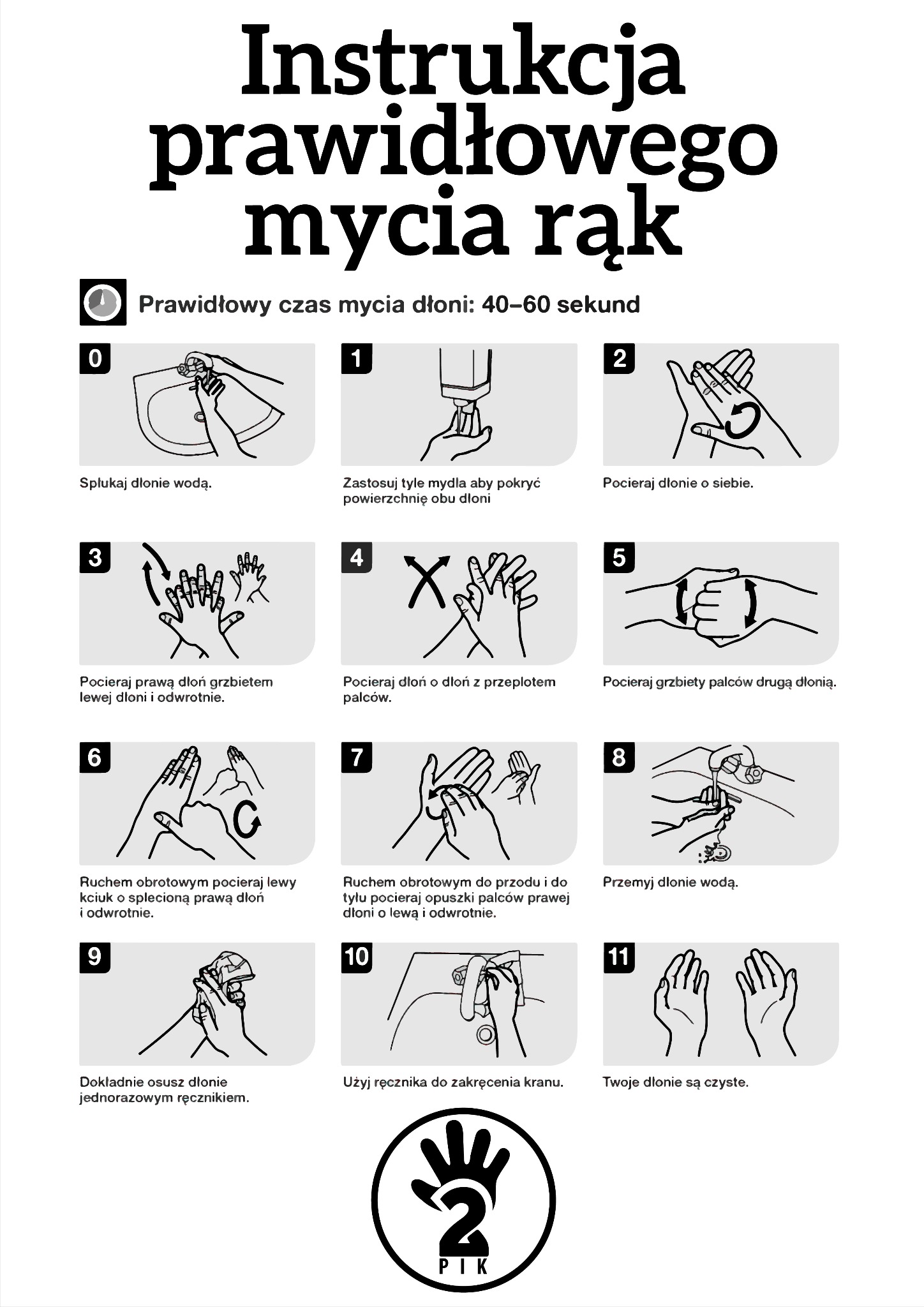 Ilustrowana instrukcja prawidłowego mycia rąk w 12 krokach, z użyciem wody, mydła i ręcznika, zakończona informacją o czystych dłoniach.