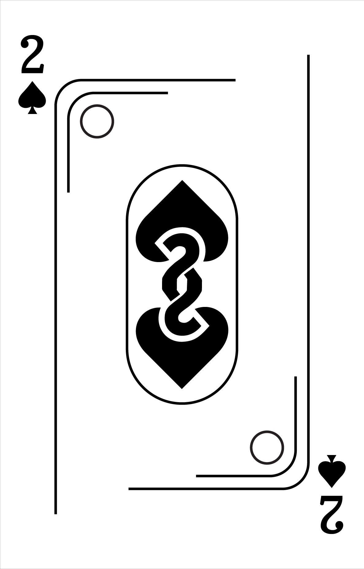 Minimalistyczna grafika karty do gry z symbolem pika, czarne linie na białym tle, stylizowane oznaczenie wartości '2' w rogach.
