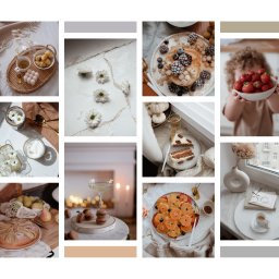 Justyna Jamborowicz-Dąbkowska - Kolaż zdjęć w jasnych, pastelowych tonacjach przedstawiający różne sceny: śniadanie na tacy z croissantami, kwiaty na marmurowym blacie, naleśniki z owocami, dziecko trzymające miskę truskawek...