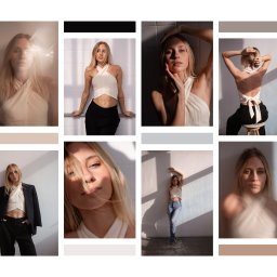 Justyna Jamborowicz-Dąbkowska - Kolaż zdjęć młodej kobiety w różnych stylizacjach, w jasnym topie z odkrytymi ramionami, prezentowany w różnych ujęciach i pozach na tle białych ścian z grą światła i cienia.