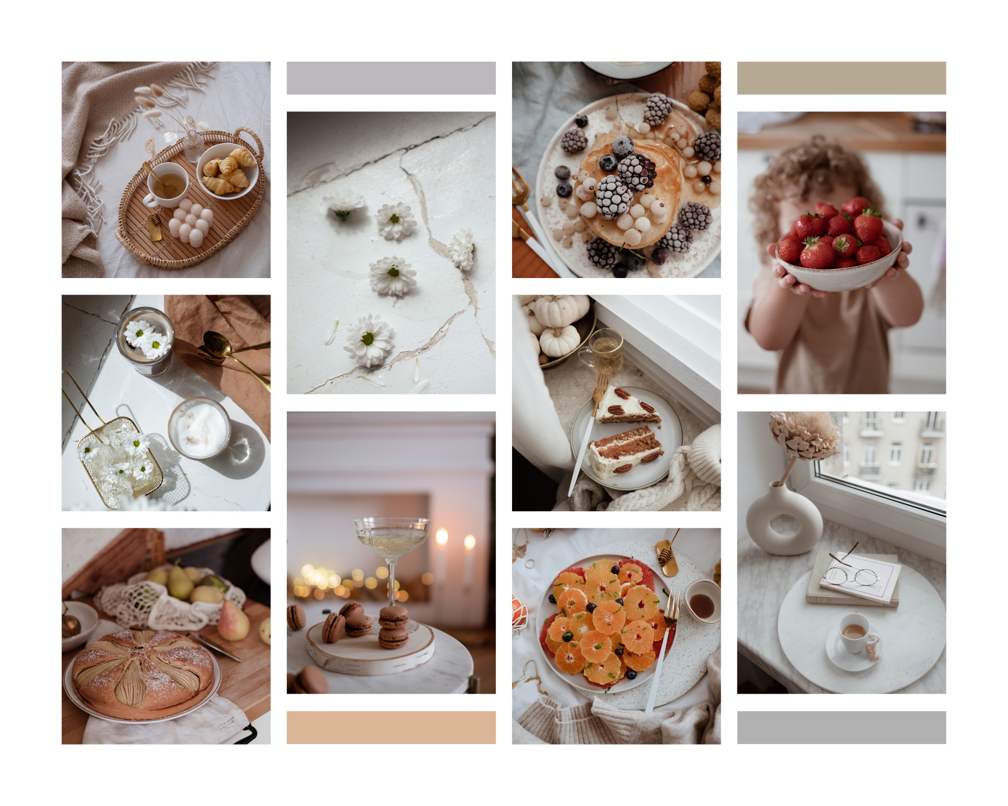 Kolaż zdjęć w jasnych, pastelowych tonacjach przedstawiający różne sceny: śniadanie na tacy z croissantami, kwiaty na marmurowym blacie, naleśniki z owocami, dziecko trzymające miskę truskawek...