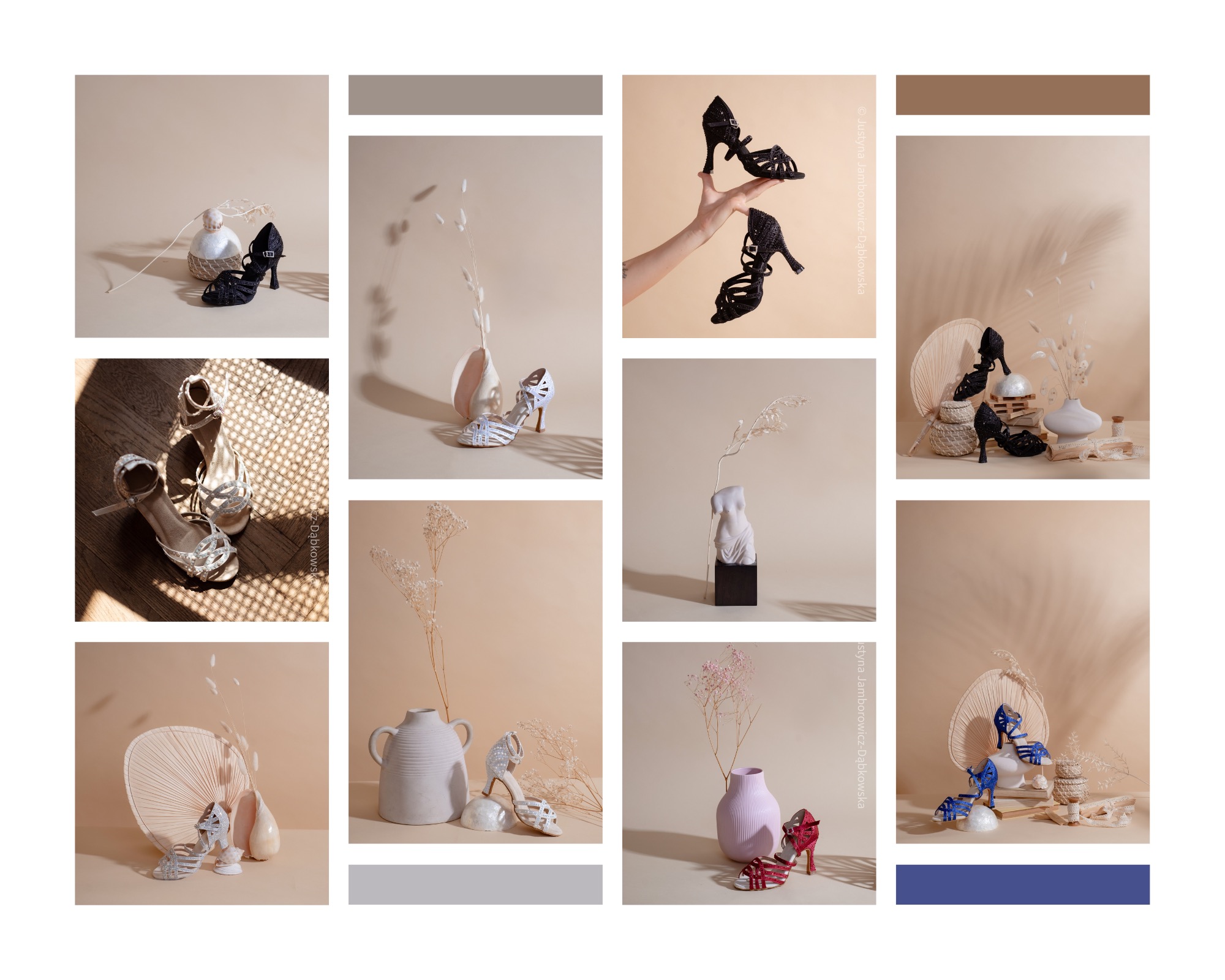 Kompozycja z butami do tańca: kolaż z ujęciami różnych par butów do tańca w aranżacjach ze stylizowanymi rekwizytami, w tym wazonami i dekoracjami z suszonych kwiatów, na jednolitym beżowym tle.
