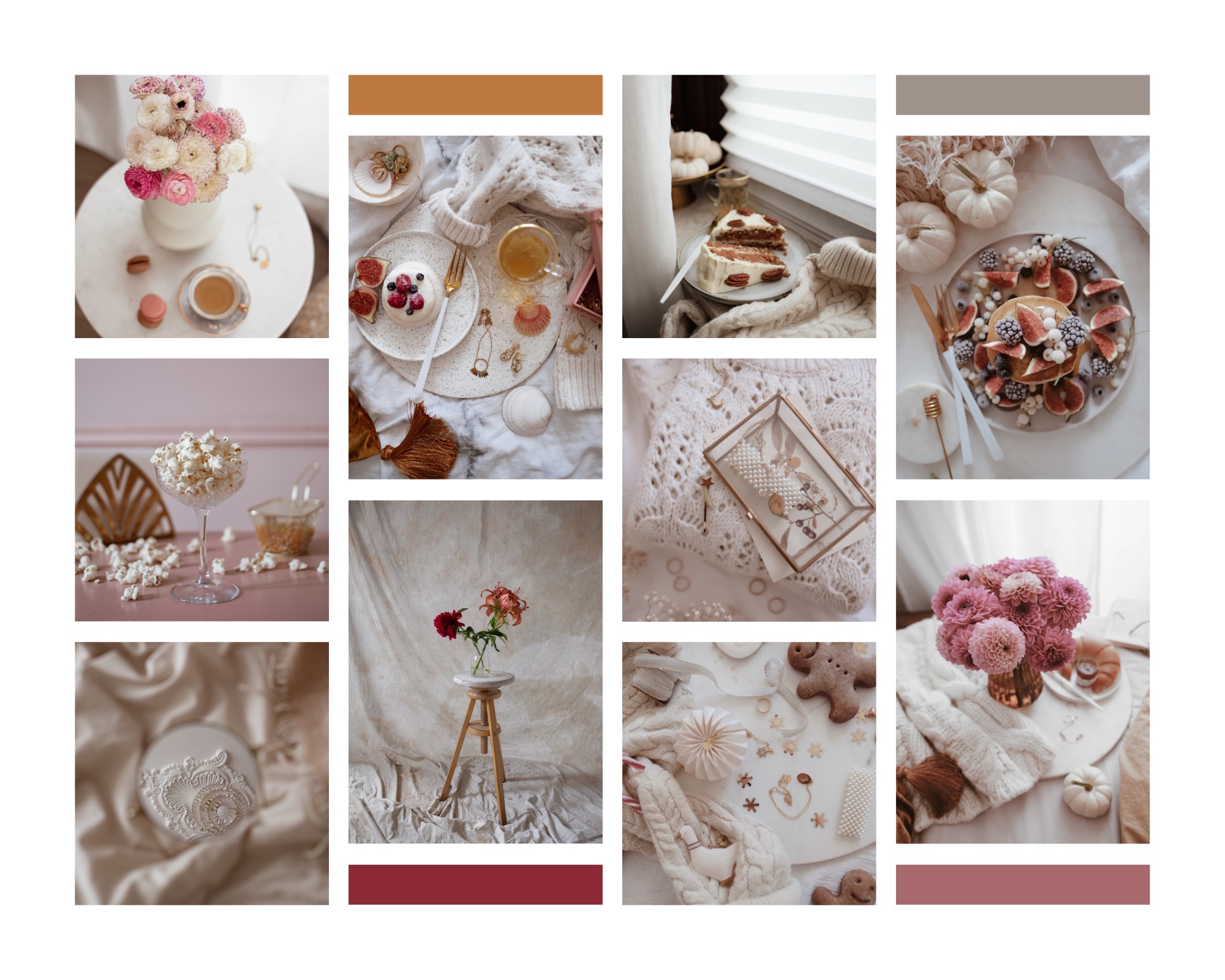 Kolaż z dziewięciu zdjęć przedstawiających różnorodne kompozycje: kwiaty w wazonie, ciasta, desery, biżuteria i dekoracje w pastelowych barwach, tworzące estetyczną i spójną całość.
