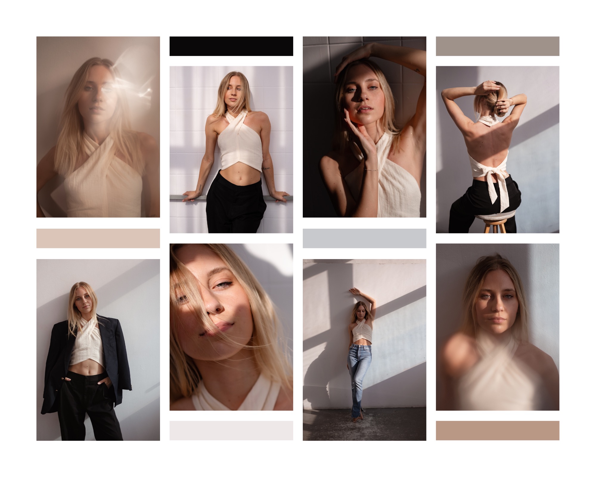 Kolaż zdjęć młodej kobiety w różnych stylizacjach, w jasnym topie z odkrytymi ramionami, prezentowany w różnych ujęciach i pozach na tle białych ścian z grą światła i cienia.