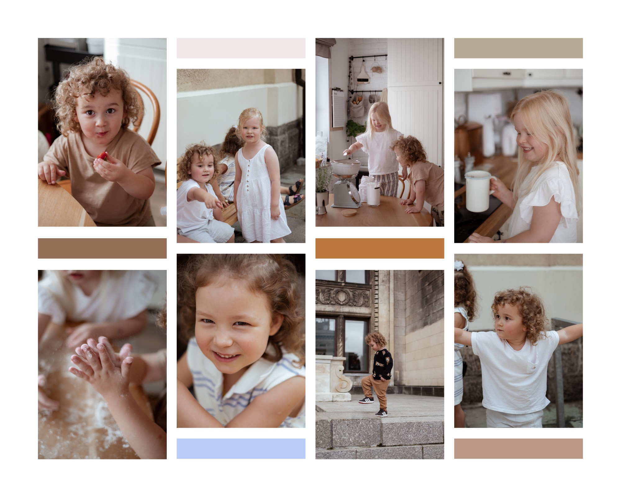 Kolaż z portretów dzieci w różnych sytuacjach: chłopiec je truskawkę, dzieci bawią się na zewnątrz, dziewczynka miesza składniki w misce, dziewczynka pije z kubka, dłonie w mące, uśmiechnięta...
