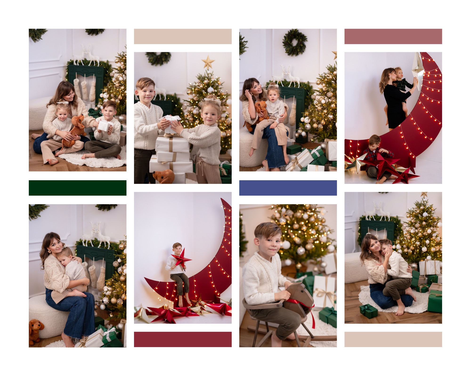 Kolaż z ośmiu zdjęć przedstawiających rodzinę w świątecznej scenerii: matka z dziećmi przy choince, prezenty, dekoracje, czerwony księżyc z lampkami.