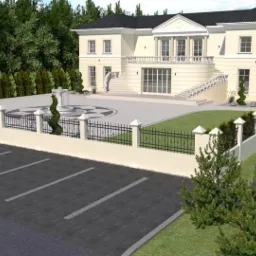 Wizualizacja dwukondygnacyjnego domu z kolumnami, balkonem i schodami wejściowymi, otoczonego ozdobnym ogrodzeniem i parkingiem.