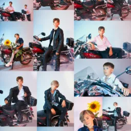 Kolaż z pozowanych zdjęć młodego modela na motocyklu, r&oacute;żnorodne stylizacje, oświetlenie studyjne, tło w odcieniach błękitu i r&oacute;żu.