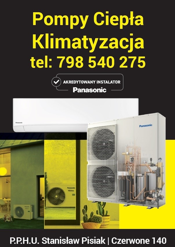 Grafika reklamowa prezentująca pompę ciepła i klimatyzację Panasonic, z widocznym logo firmy, numerem telefonu i informacją o akredytowanym instalatorze na tle kolażu różnych instalacji.