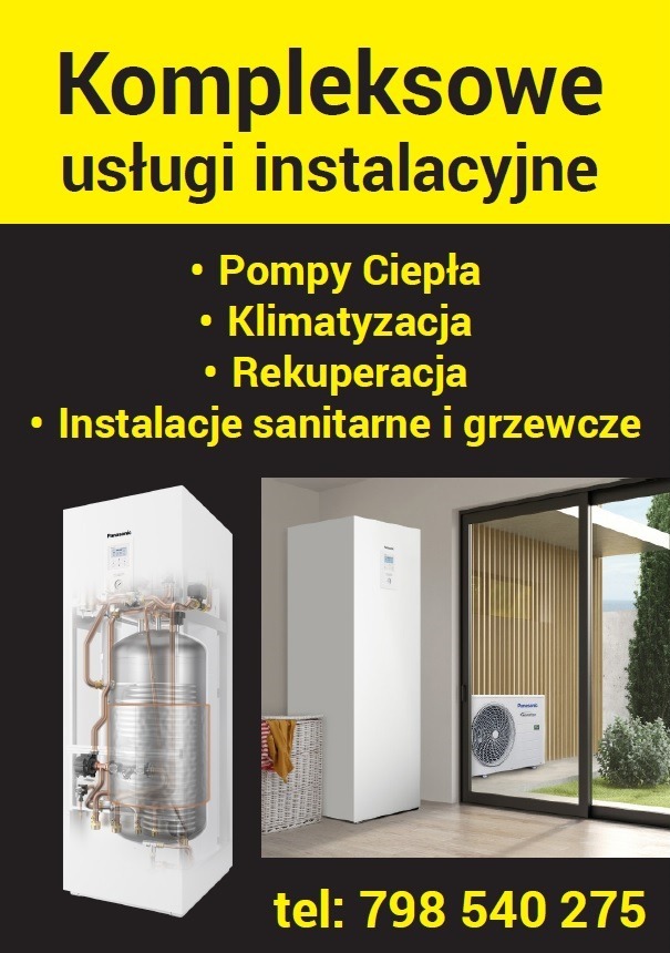 Grafika reklamowa firmy instalacyjnej, prezentująca pompy ciepła Panasonic, klimatyzację i rekuperację w nowoczesnym wnętrzu, z widocznym numerem telefonu kontaktowym.