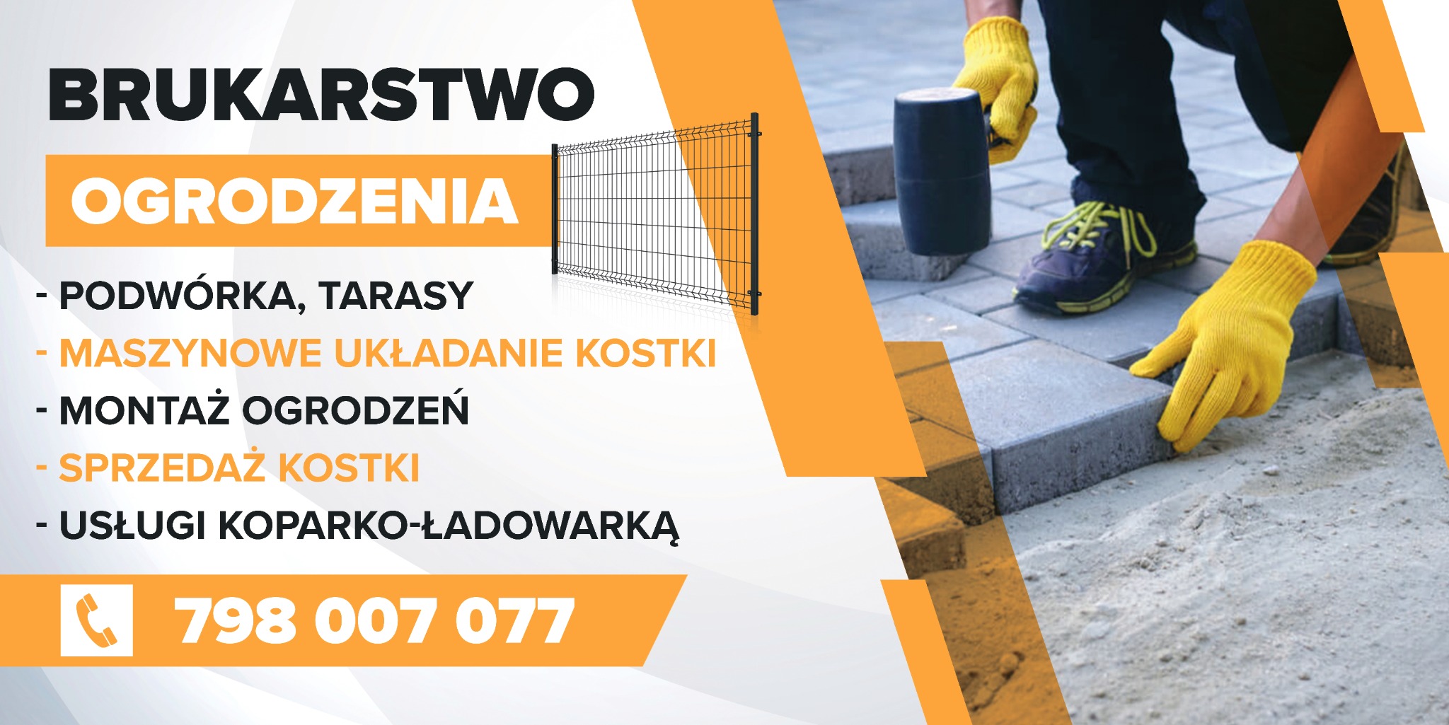 Grafika reklamowa firmy brukarskiej i oferującej montaż ogrodzeń. Widoczne ręce w żółtych rękawicach układające szarą kostkę brukową, gumowy młotek oraz fragment ogrodzenia panelowego.