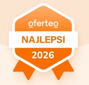 Pomarańczowa odznaka Oferteo „Najlepsi 2026” na kremowym tle. Grafika z logo Oferteo i napisem „Najlepsi” w białym prostokącie, rok 2026 poniżej.