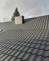 Nowy, ciemnoszary dach z blachodachówki z kominem w Poznaniu, widoczny z góry, na tle pochmurnego nieba i zielonego drzewa.