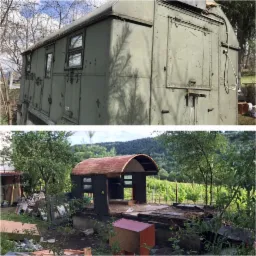 Dwa ujęcia: górne przedstawia stary, metalowy barak z oknami i drzwiami, pokryty cieniami drzew; dolne pokazuje fragment rozebranego podobnego baraku z drewnianym dachem na tle zieleni.