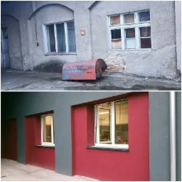 Porównanie stanu przed i po renowacji elewacji: od zniszczonego budynku z odpadającym tynkiem i starą skrzynią na zewnątrz, do odnowionej fasady z nowymi oknami w kolorach szarym i czerwonym.